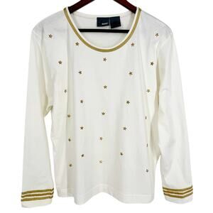Liz Wear Womens Sz Medium Gold Stars Long Nautical Christmas Blouse Shirt Top